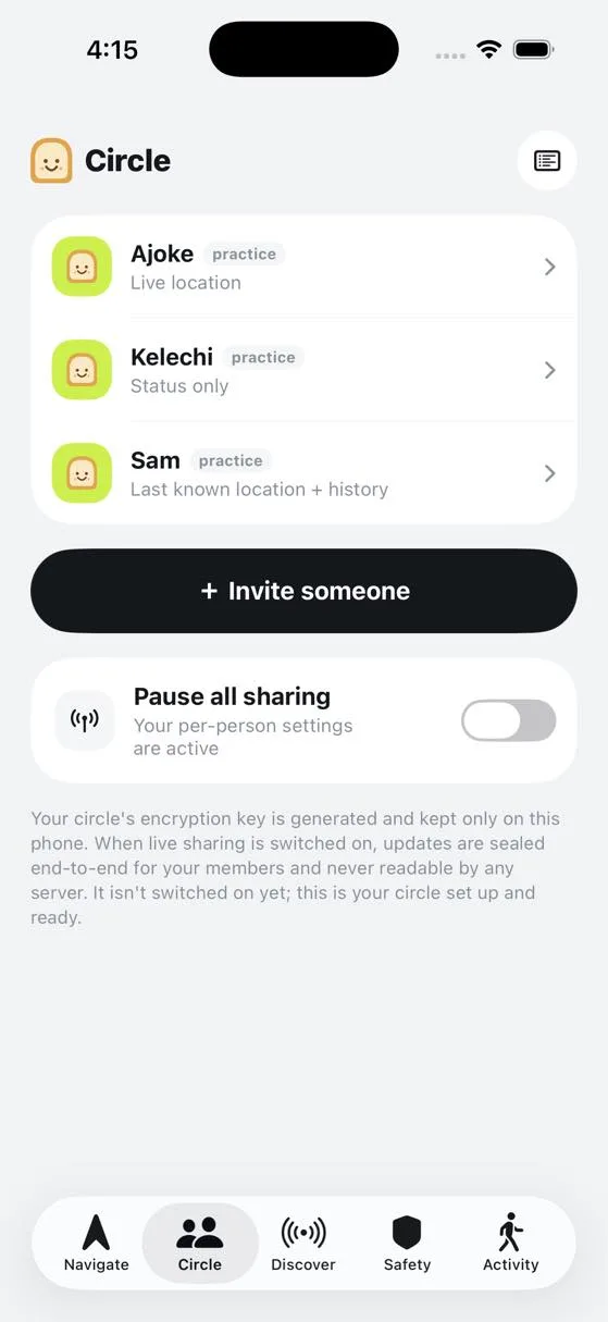 The Circle tab listing members